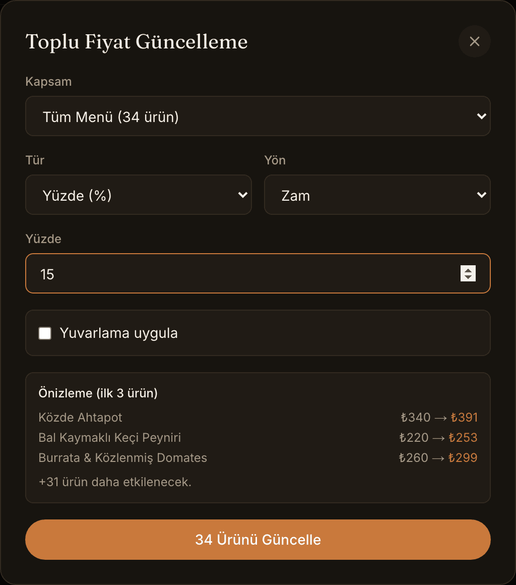 Toplu fiyat güncelleme ekranı: kapsam, yüzde ve önizleme