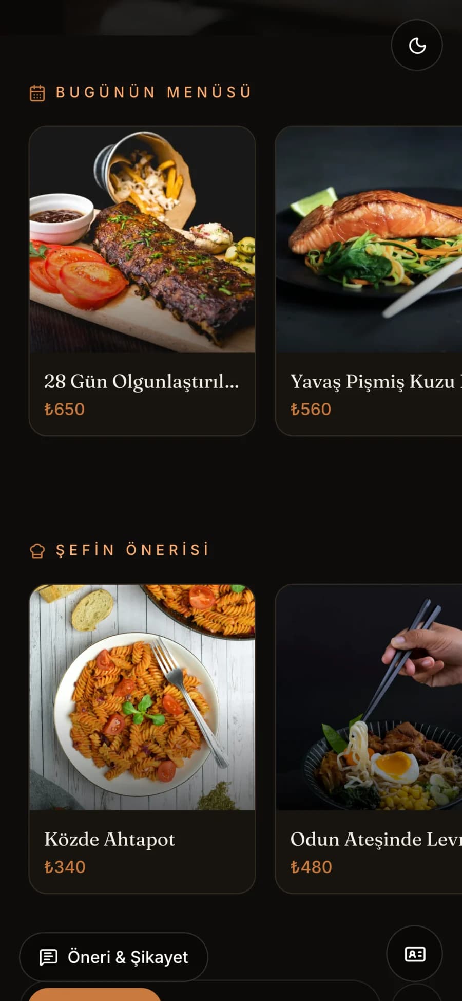 Kafe QR menüsünde Bugünün Menüsü ve Şefin Önerisi bölümleri