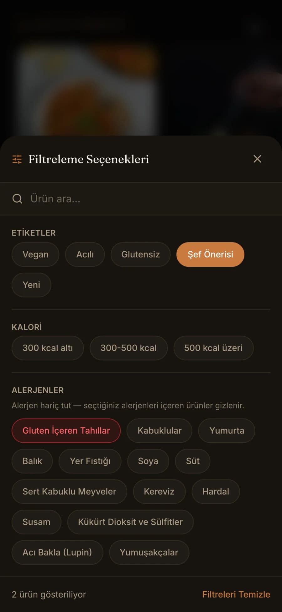 QR menüde alerjen, kalori ve etiket filtreleri