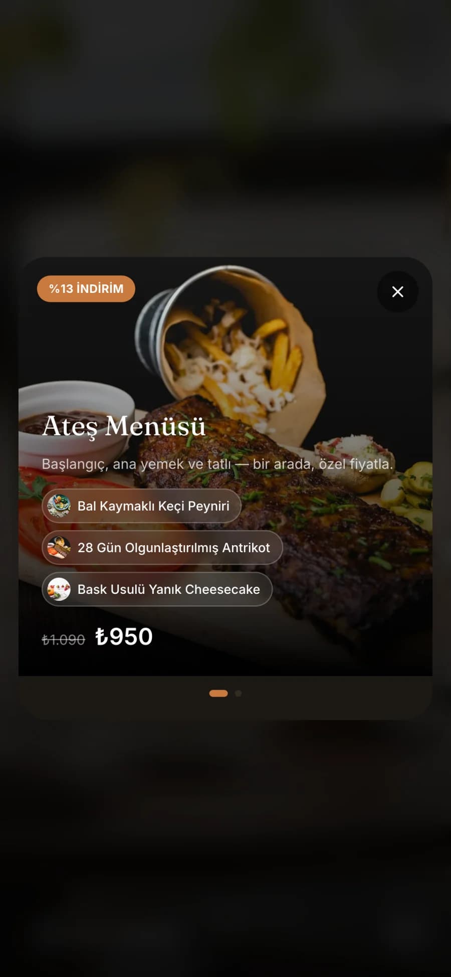 Bar QR menüsünde kombo fiyatlı kampanya penceresi